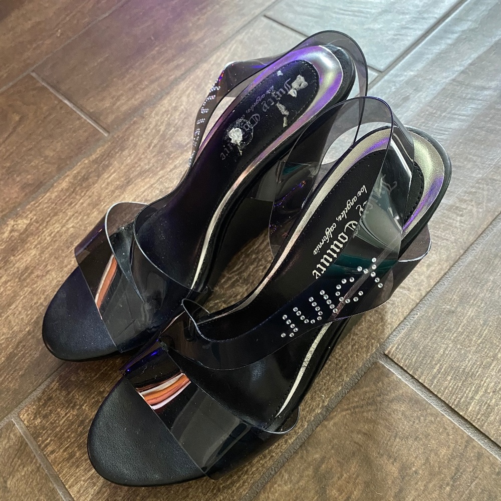 Juicy Couture Clear Rhinestone Platform Sandal Wedges Black US Size 11 Y2K